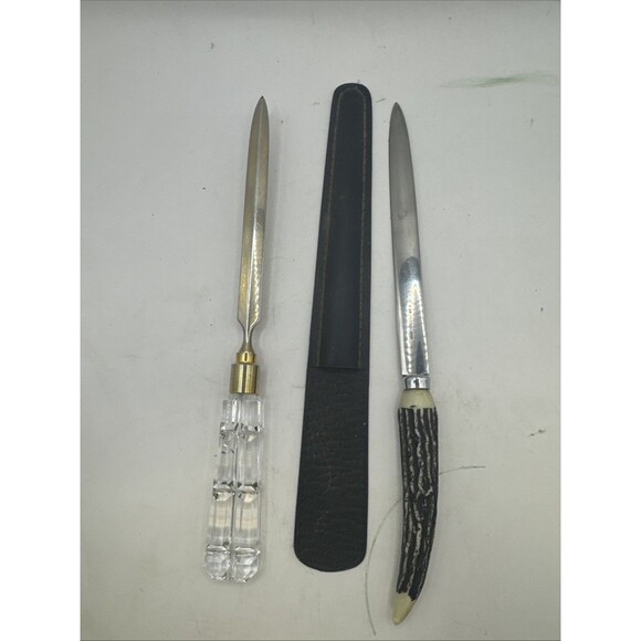 2 Vintage Crystal And Antler Or bone Letter Mail Opener Japan - Picture 1 of 11